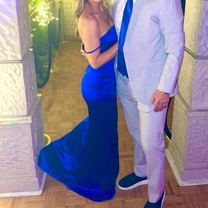 Emerald sundae bright royal blue satin maxi prom dress gown square neck ruched